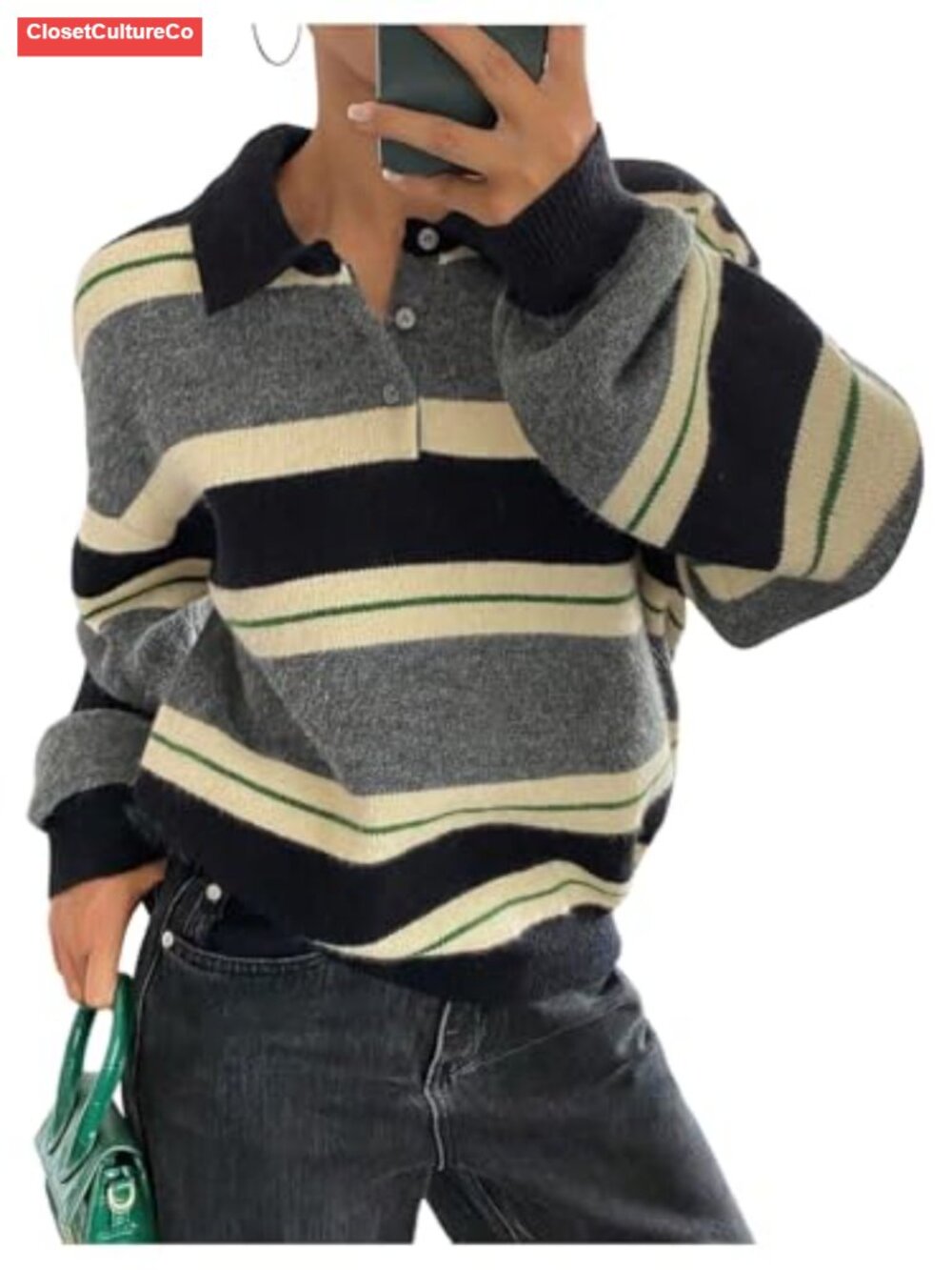 Striped Fuzzy Knit Henley Pullover Sweater Collared Button Oversized